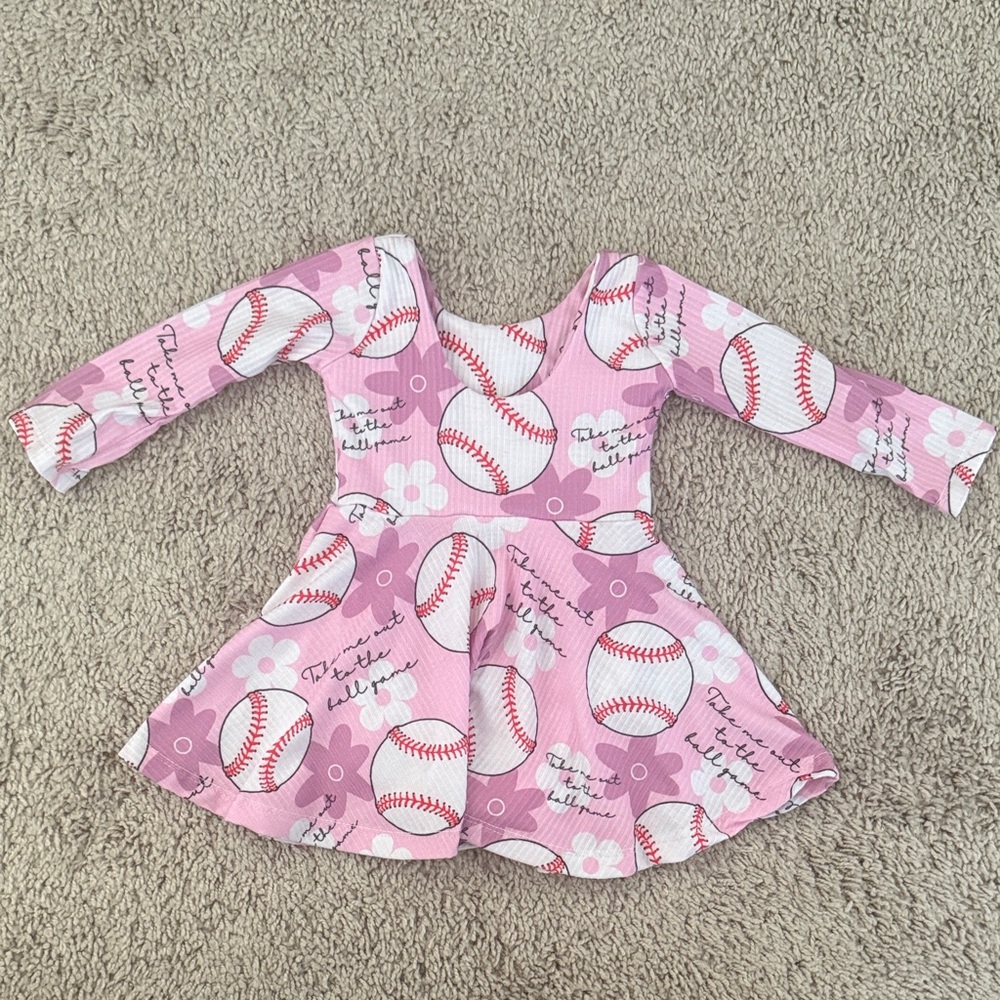Pink Baseball Print Long Sleeve Twirl Dress